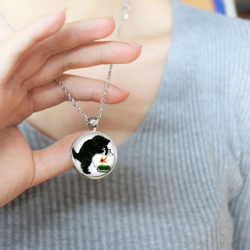 Оптовая продажа бронзовое ожерелье с подвеской в виде кота и рыбы стиле ретро