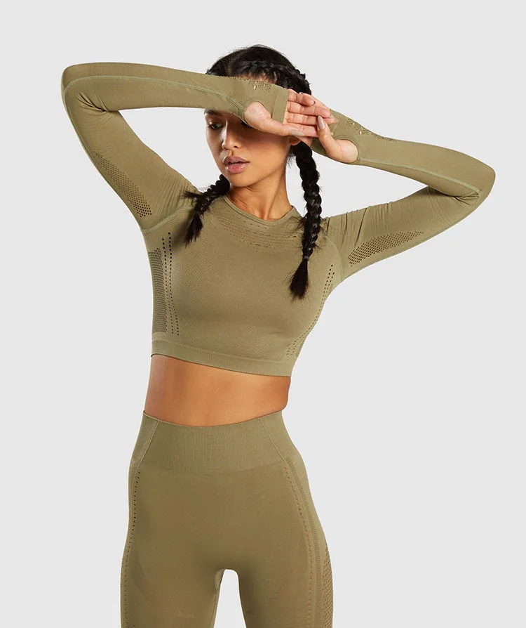 Army Green Безупречный ТРИКОТАЖНЫЙ УКОРОЧЕННЫЙ ТОП с длинным рукавом, майка для спортзала, черные топы для тренировок, топы для женщин, Йога, Бесшовные женские топы для спортзала, топы для фитнеса - Цвет: Army Green