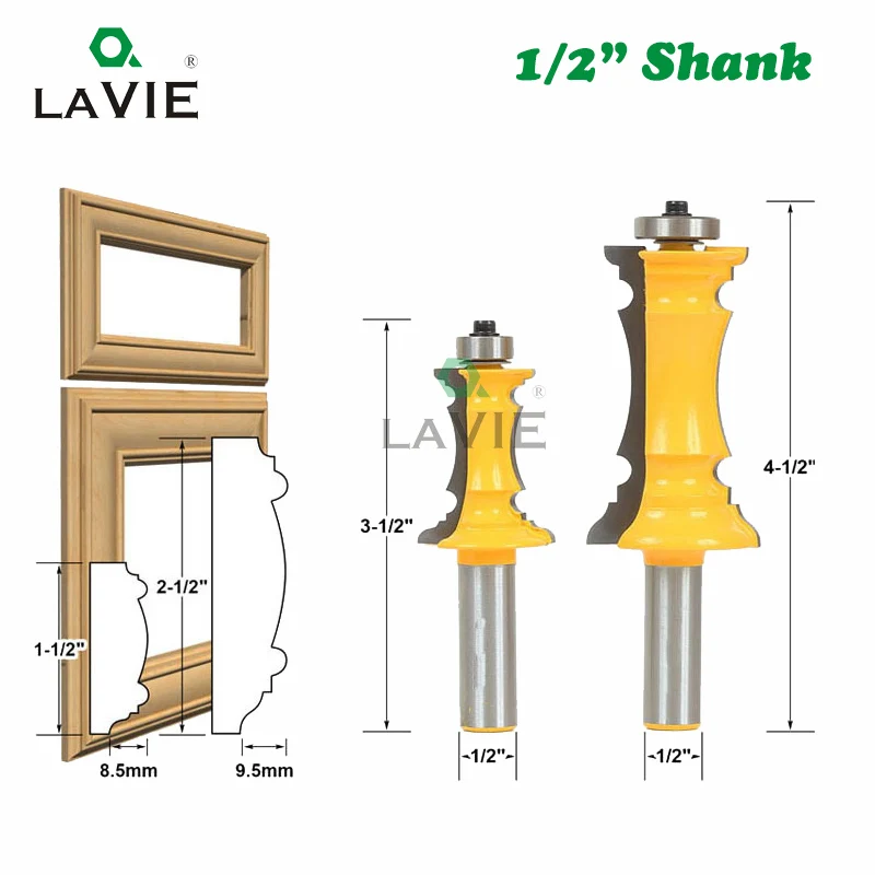 

LAVIE 2 PCS 12mm 1/2" Shank Mitered Door Drawer Molding Router Bits Handrail Line Knife Tenon Cutter For Woodworking Tools 03041