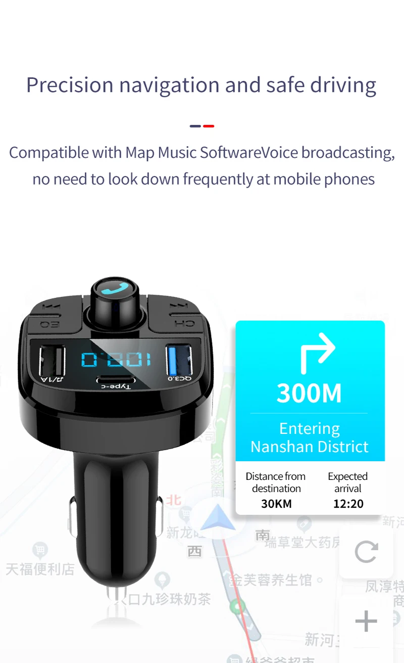 Автомобильный комплект громкой связи с Bluetooth, управление одним ключом, беспроводной Bluetooth fm-передатчик, ЖК MP3-плеер QC3.0, USB зарядное устройство, тип-c, свободные руки