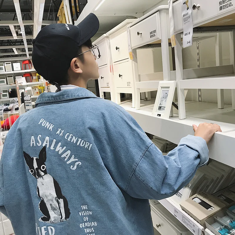 Мужская джинсовая куртка бомбер Повседневная приталенная из синей джинсовой