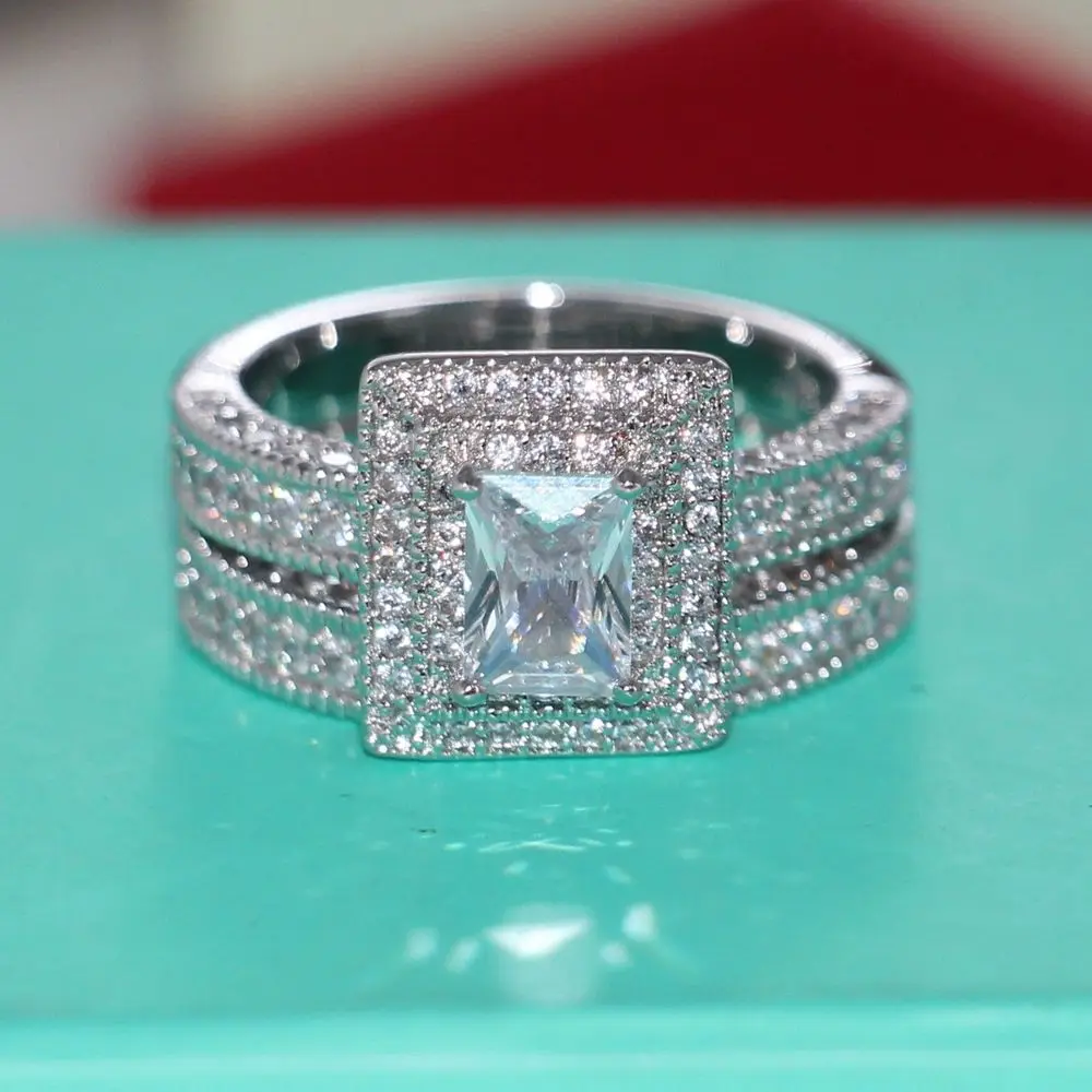 Винтажное обручальное кольцо с фианитом 4 карата 14 карат|ring set|princess cutwhite gold |