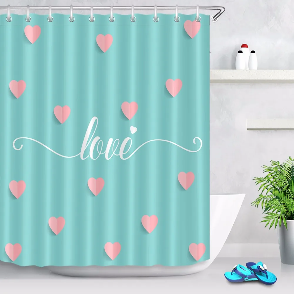 

LB 72'' White Letter of Love Pink Heart on Light Blue Shower Curtain Bathroom Waterproof Polyester Fabric for Girl Bathtub Decor