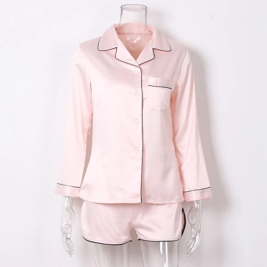 pink Комплект из топа с длинными рукавами и шорт, пижамные комплекты из искусственного шелка, женская одежда для сна с отложным воротником, повседневная одежда для сна, домашний костюм - Цвет: pink