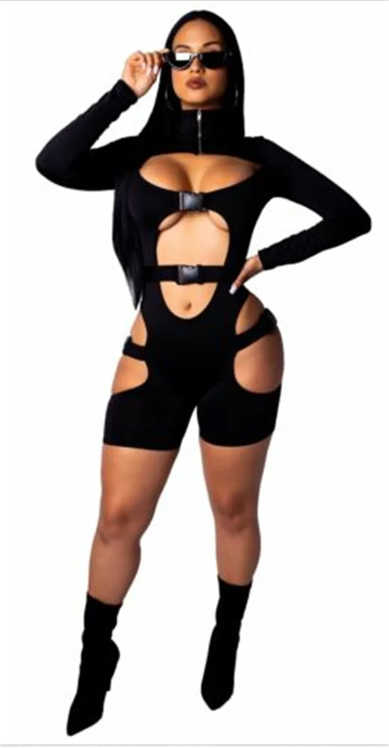 Черный Сексуальный женский выдалбливают Bodycon Babydoll боди пеньюар с длинными рукавами тонкий комбинезон с высоким воротом пижамы цельный комбинезон - Цвет: Черный