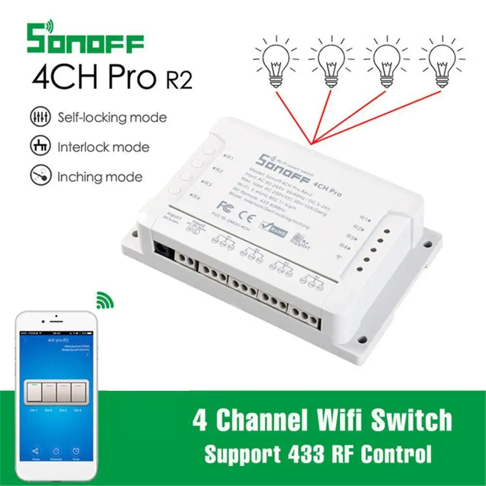 Sonoff 4CH Pro R2 Wifi переключатель 4 канала инчинг самоблокирующийся замок умный WiFi RF переключатель управления работа с Alexa Google Home