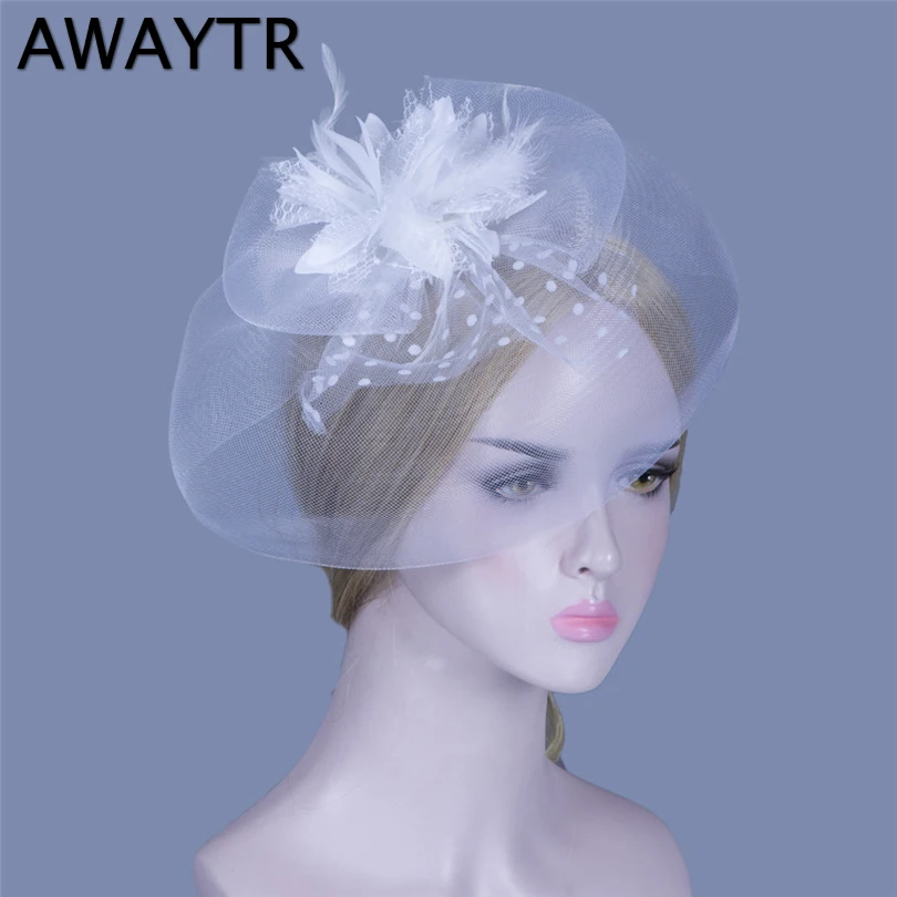 AWAYTR, чародейка, женская шляпа с вуалью, новинка, перо, цветочный рисунок, заколки для волос, вуаль, аксессуары для волос шляпы, бант, для девушек, заколки для волос, вечерние