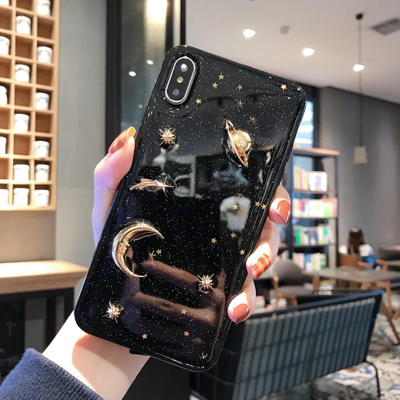 Silicone Planet Star Sequin Phone Case For iPhone X XS Max XR Gold Moon Decor 7 6S 6 8 Plus Cover Fundas |