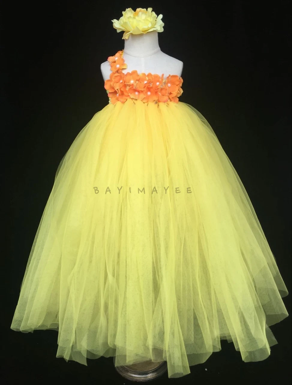 Girls Yellow Crochet Tutu Dress Baby Fluffy Tulle Single Shoulder Ball Gown with Flower Headband Kids Costume Party | Детская одежда и
