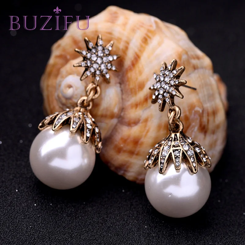 BUZIFU Simulated Round Pearl Earrings Gold Color Snow Shaped Shinning Crystal Cute Fashion Wedding Jewelry UE201 | Украшения и