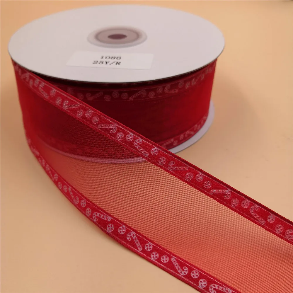38mm X 25yards Printing Candy Cane Wired Red Satin Edge Organza Ribbon. Gift Bow Wedding Cake Wrap Tree Decoration Wreath N1086 | Дом и сад