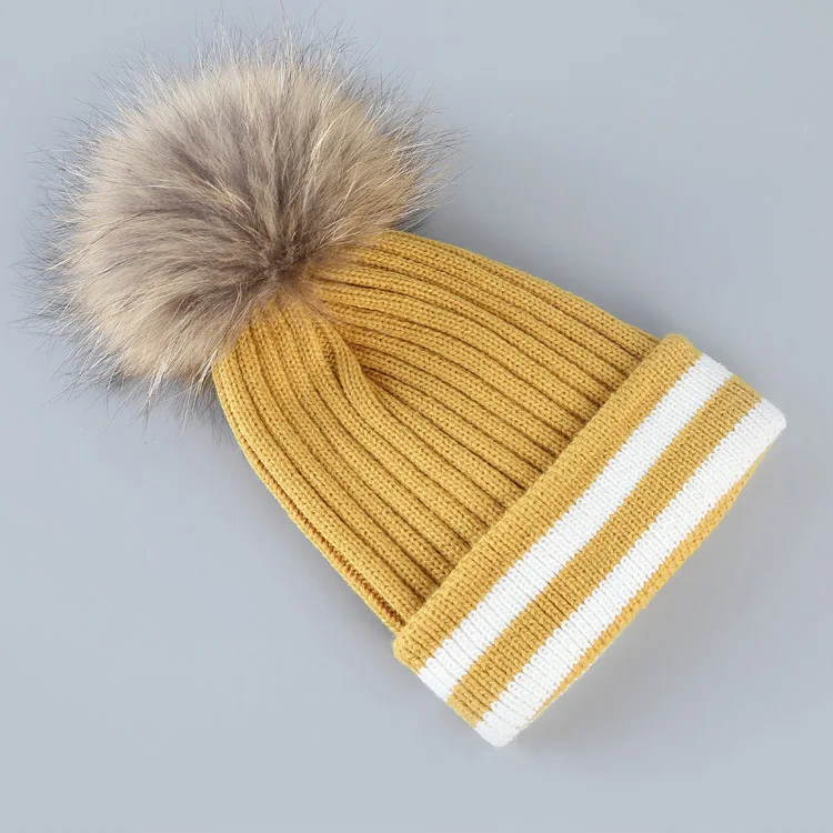 DANKEYISI Женская шерстяная шапка Skullies Beanies из натурального меха с помпонами, вязаная шапка для девочек, женская шапка с помпоном, шапки для женщин - Цвет: yellow