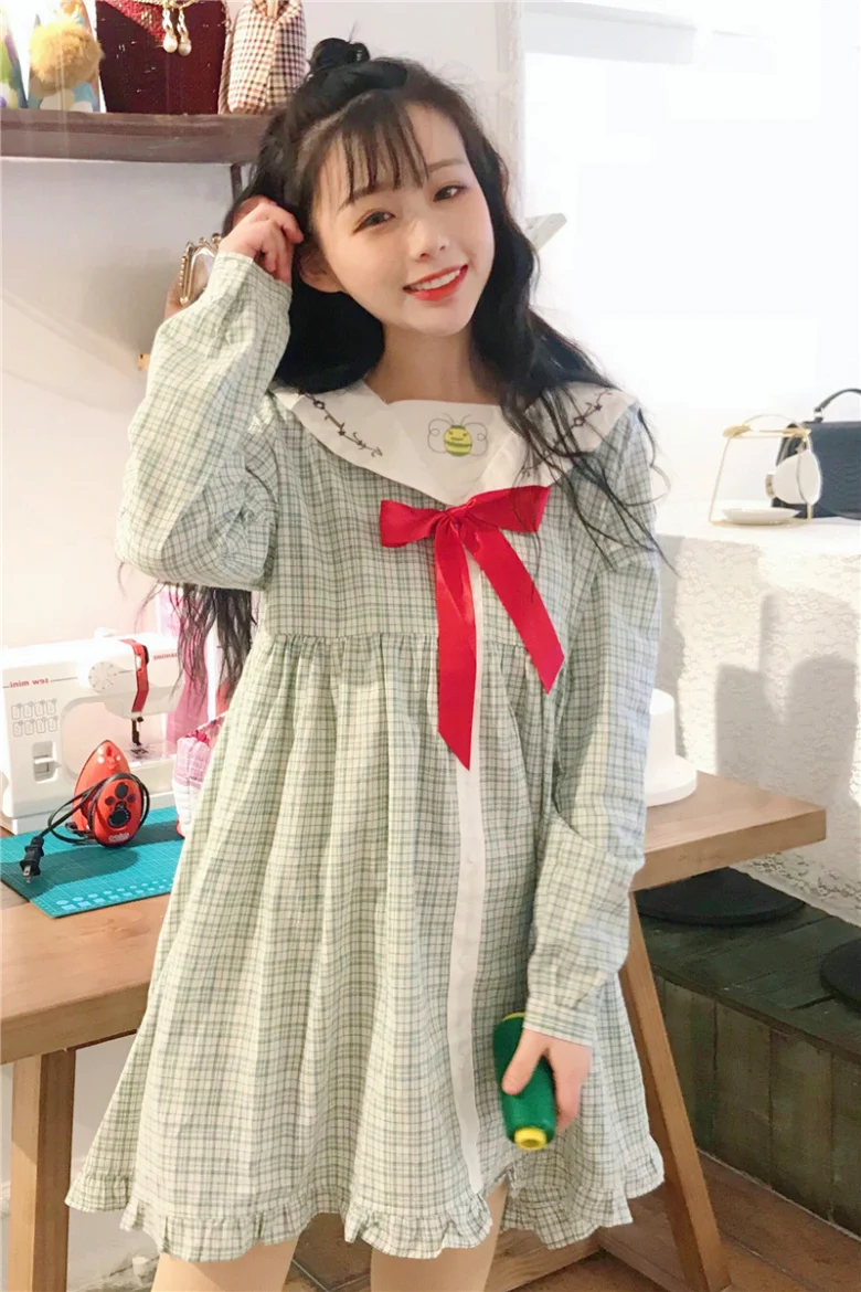 Kawaii платье лолиты весеннее женское японское милое студенческое платье с бантом и вышивкой в клетку летнее маленькое свежее платье