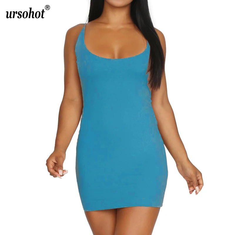 Ursohot Спагетти ремень Танк Bodycon платье летние однотонные сексуальные винтажные