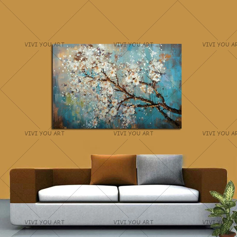 

100% Handmade Large Flowers Wall Pictures Home Decorative Painting On Canvas White Plum Blossom Paintings Living Room Decor Gift