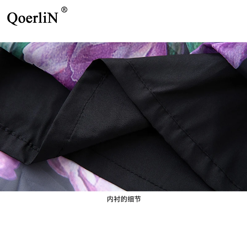 QoerliN High End Винтаж Фиолетовый Элегантный оборками для женщин с принтом длинное