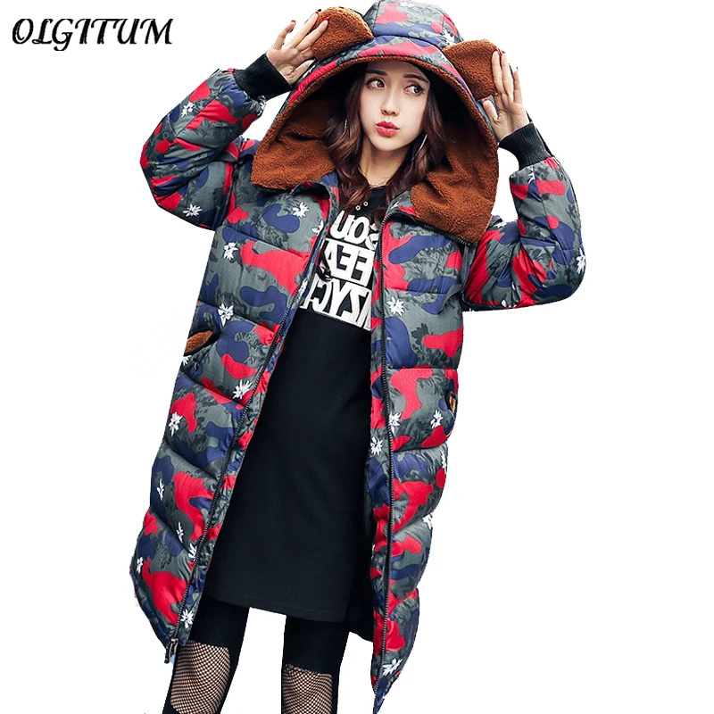 

New Arrived Women Winter Camouflage Cotton jacket coat thicken warm cute bear ears Outwear high-end lambswoon Cotton coat Parka