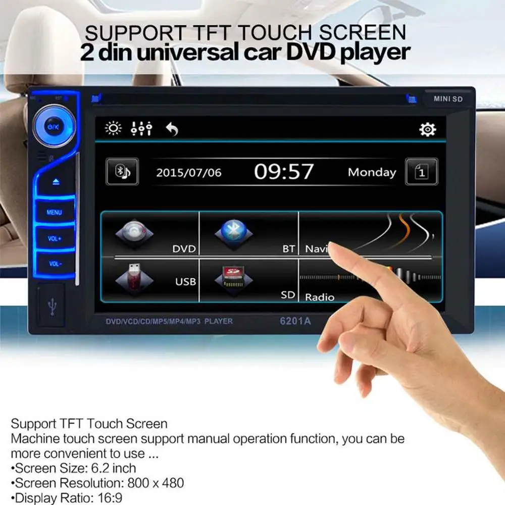 6 2 &quotУниверсальный Din автомобильный DVD/USB/SD/MP4 плеер Авто сенсорный экран Bluetooth