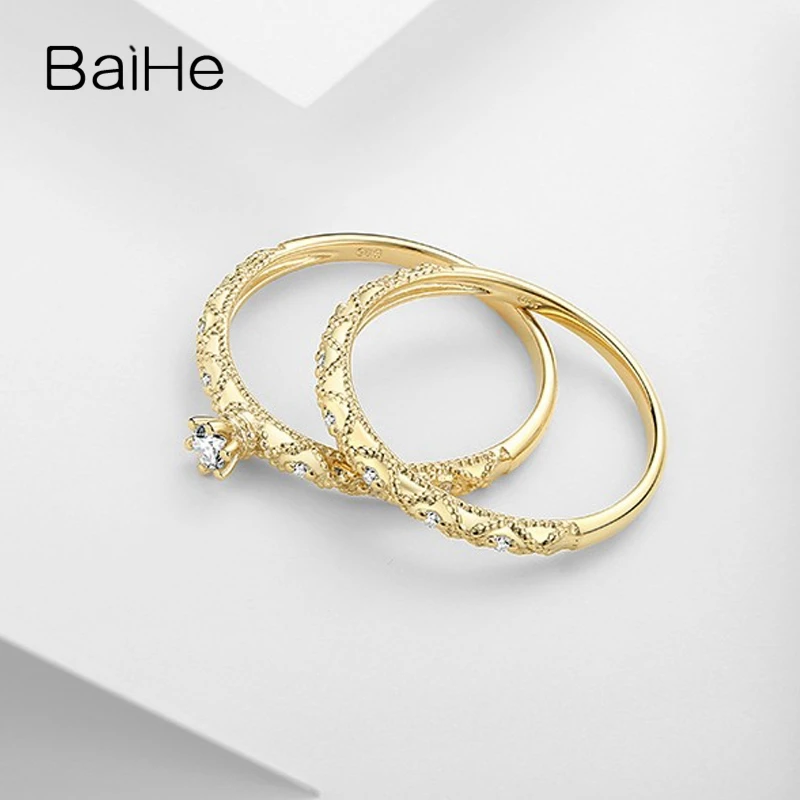 BAIHE Твердые 18 К желтого золота 0.10ct сертифицированные H/SI круглые огранки натуральные Алмазы обручальные женские модные ювелирные изделия кольцо