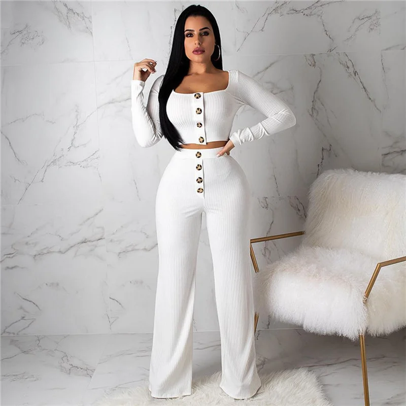 2019 spring and autumn fashion sexy low collar long-sleeved button open navel set milk silk high waist trousers ladies two-piece | Женская