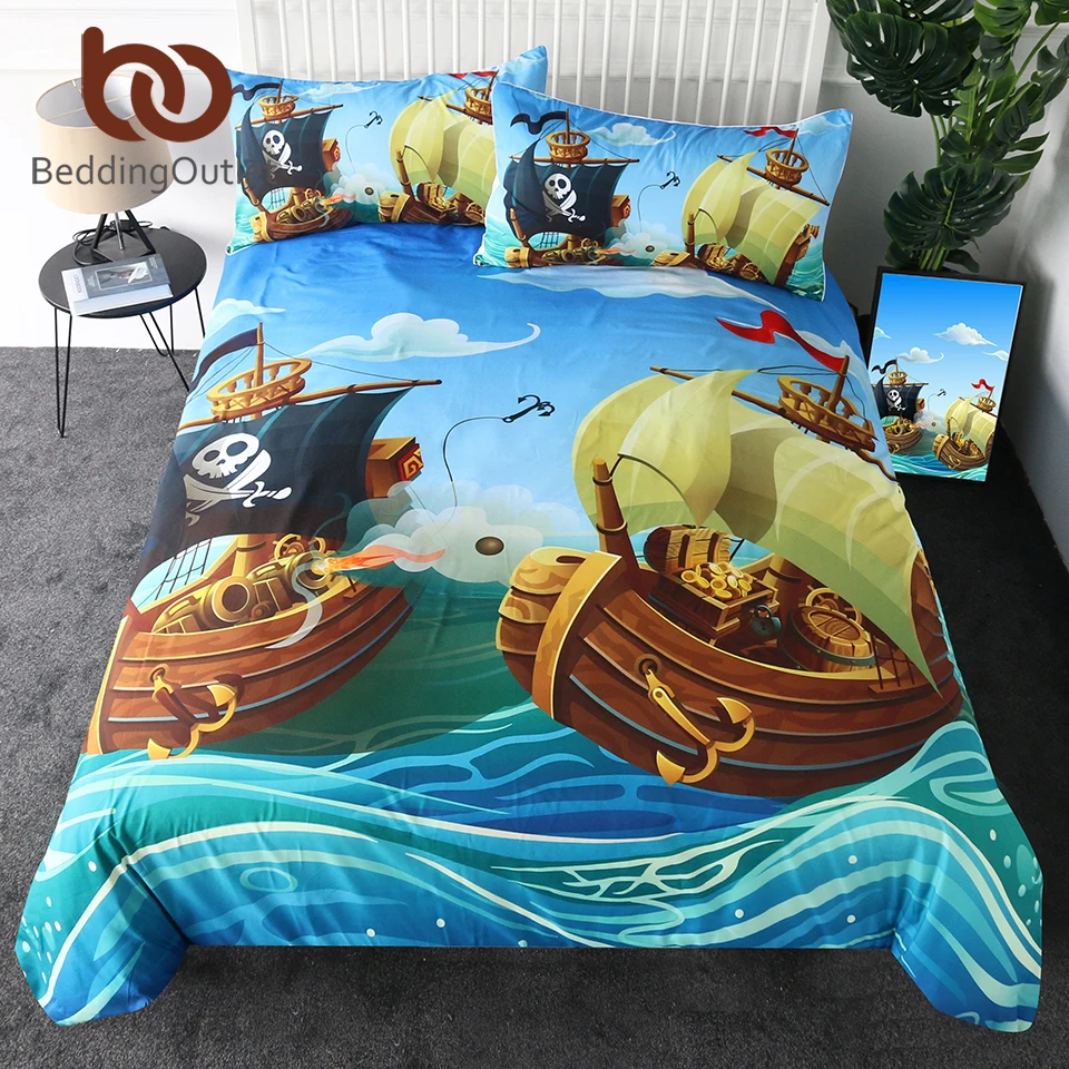 

BeddingOutlet Pirate Duvet Cover Set Cartoon Boat Kids Bedding Set Nautical Ocean Boys Bedspreads 3-Piece Comforter Cover Single