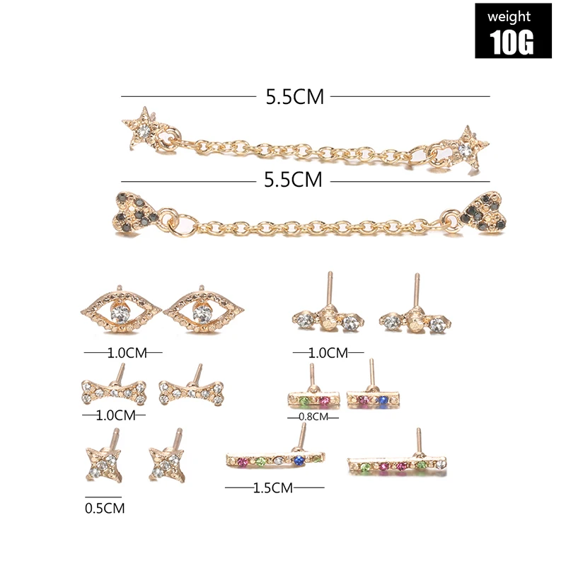 14 Pcs/Set Boho Crystal Chain Earrings Female Party Earring Fashion Heart Love Star Bones Eyes Stud Set | Украшения и аксессуары