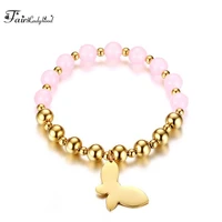 fairladyhood popular jewelry wholesale 8mm stainless steel butterfly tag bracelet pink lady beaded bracelet