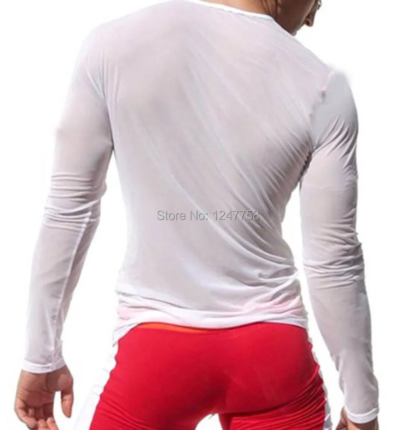 Мужская сетчатая рубашка с длинным рукавом облегающая прозрачная круглым