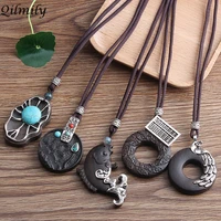 retro ethnic ebony pendant long necklaces for women lotus natural stone peacock abacus carp peony fish tulip sweater chain gifts