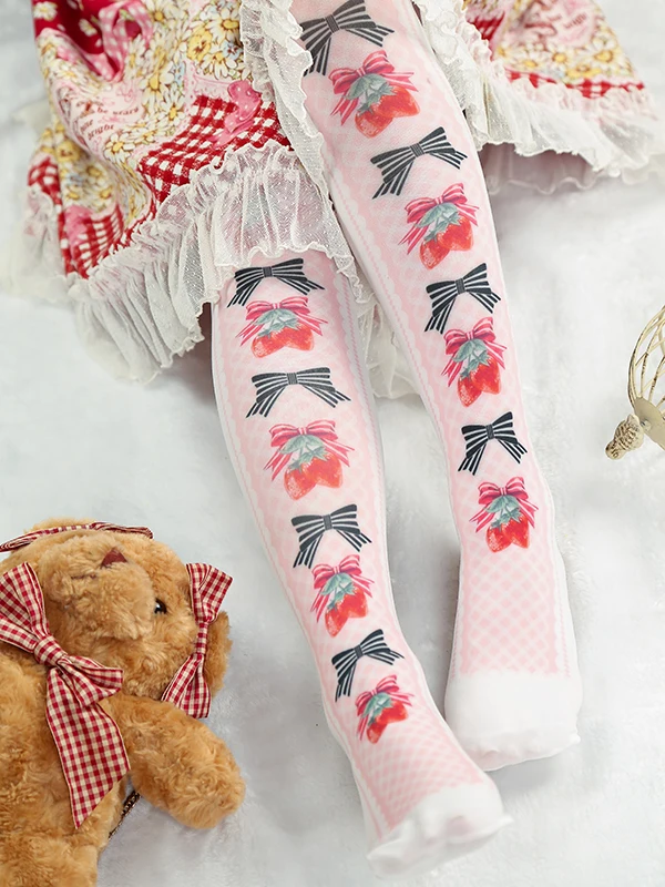 

Sweet pink lolita stockings bow-knot print thigh-high 100D Velvet