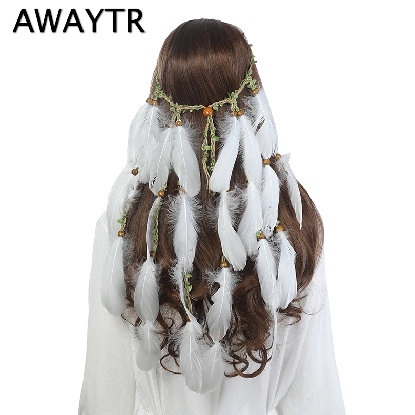 AWAYTR бусы из ротанга, белая веревка для волос для женщин и девочек, перьевая повязка на голову, женские ленты для волос, перьевые аксессуары для волос ручной работы