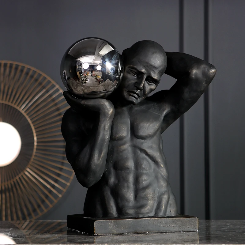 

Modern Strong Athletic Man Holding Stainless Steel Ball Large Statue Home Decor Crafts Room Decor Objects Office Resin Figurines