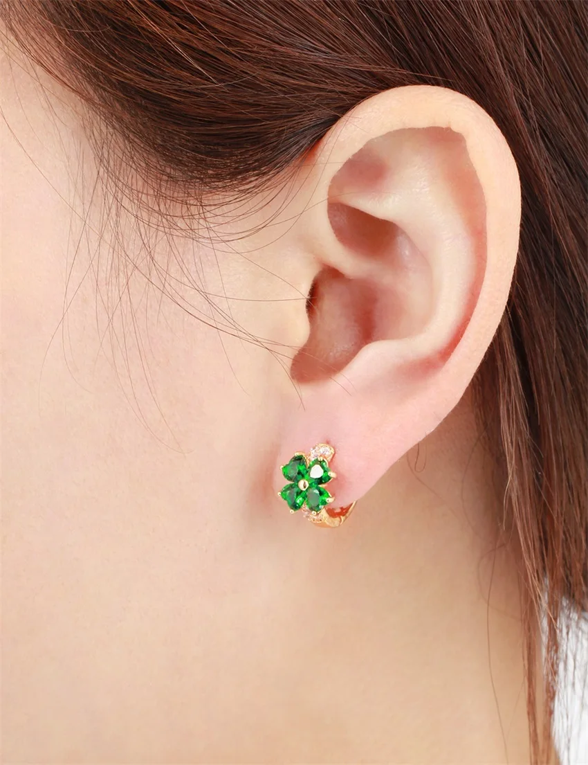 Luck Four Leaf Clover Flower Heart круглый фианит маленькие серьги-кольца huggie для женщин детей