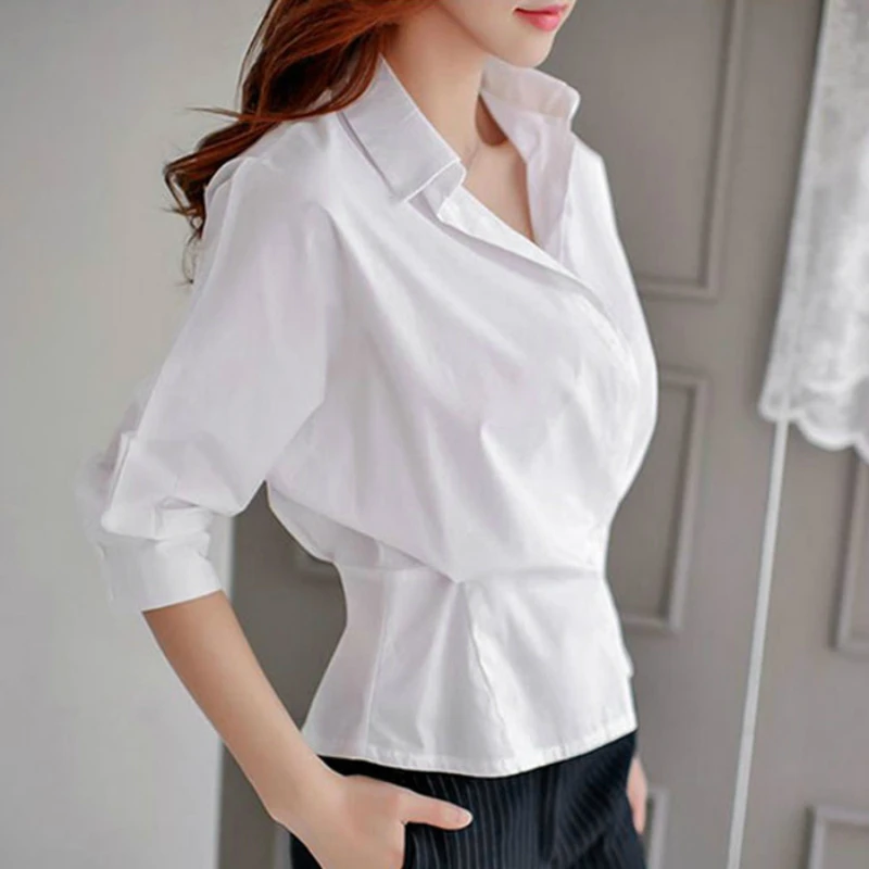S-XXL Plus Size 2019 Fashion Long Sleeve Turn Down Collar Office Shirt Chiffon Work Blouse Shirt Casual Tops Women White Blouse