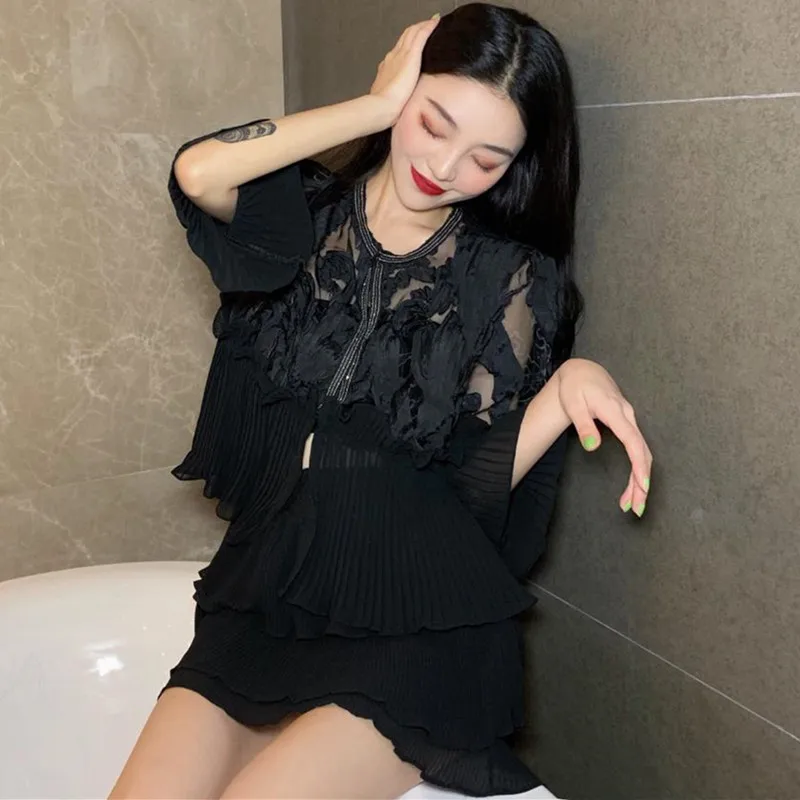 Kawaii peplum blouse tops ladies vintage pleated ruffle mesh patchwork chiffon shirt Casual summer | Женская одежда