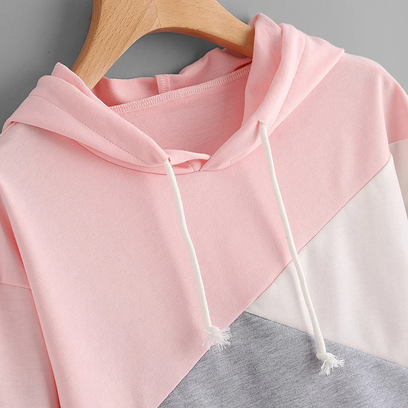 Bigsweety Для женщин Drawstring с капюшоном Harjuku Цвет блока длинным рукавом Толстовка