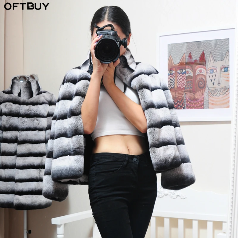short style (55cm) Женская Повседневная куртка Witner,, роскошное пальто с натуральным мехом кролика Рекс, верхняя одежда в полоску, толстая, теплая, стоячий воротник, уличная одежда - Цвет: short style (55cm)