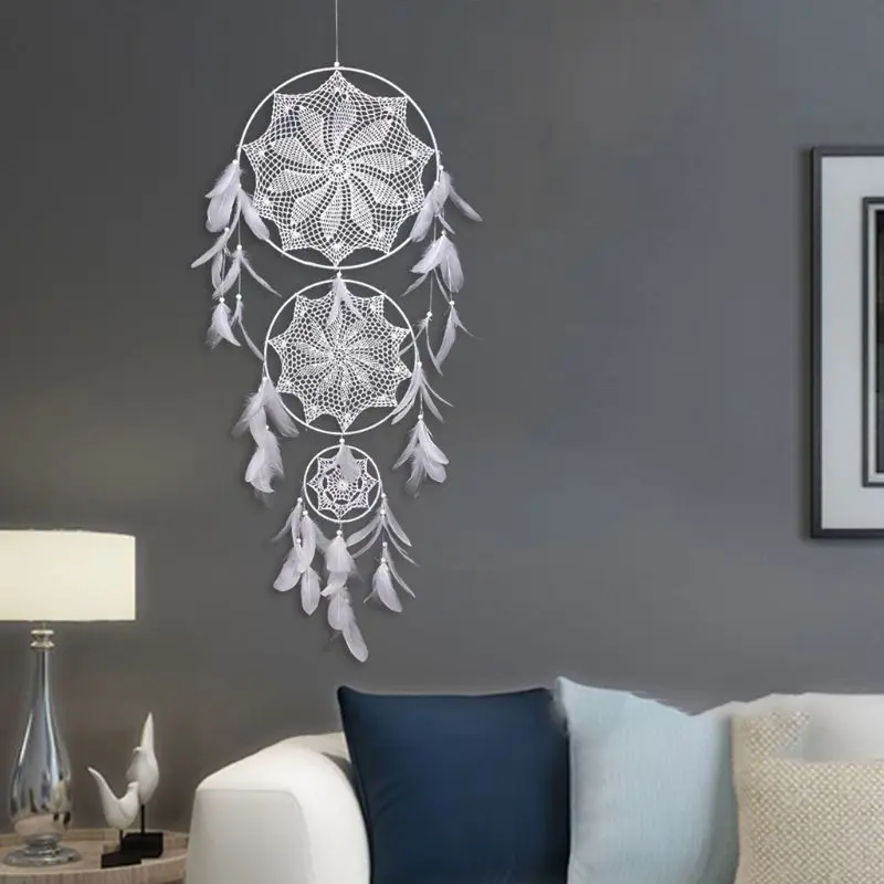 Three Rings Dream Catcher Handmade Hanging Dreamcatcher Bead Feather Decoration Ornament Home Wall Decor Gift | Дом и сад