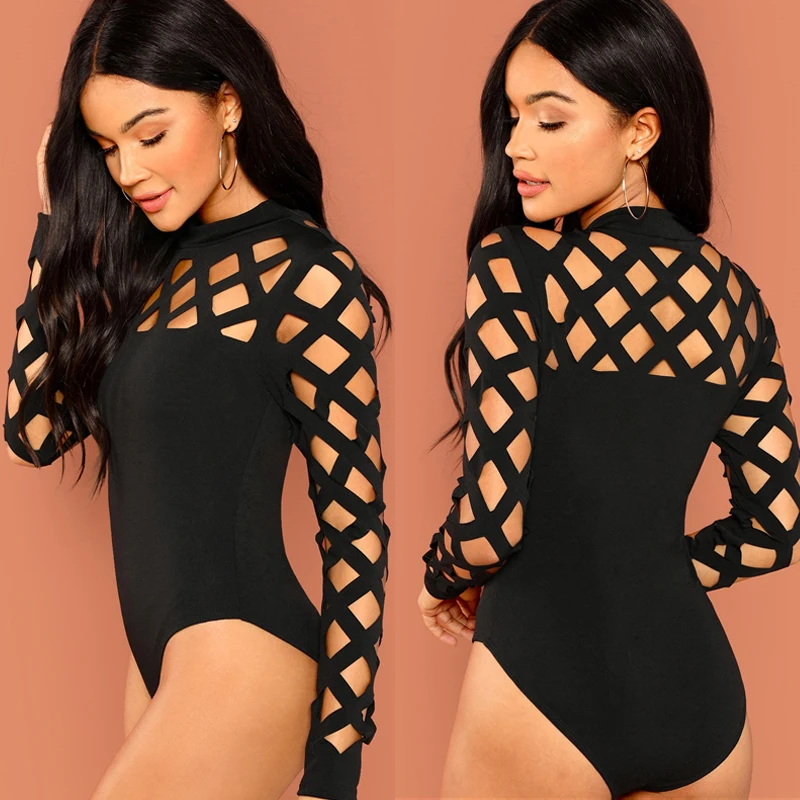 Модные новые женские повседневные сексуальные с длинным рукавом Bodycon Mesh holling твердые черные боди 2XL новое поступление