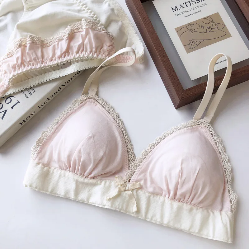 PINK Wriufred, Ретро стиль, хлопок, без косточек, комплекты бюстгальтеров, сексуальный кружевной комплект нижнего белья, треугольная чашка, женский бюстгальтер, трусы, костюм для девушек, милое нижнее белье с бантом - Цвет: PINK