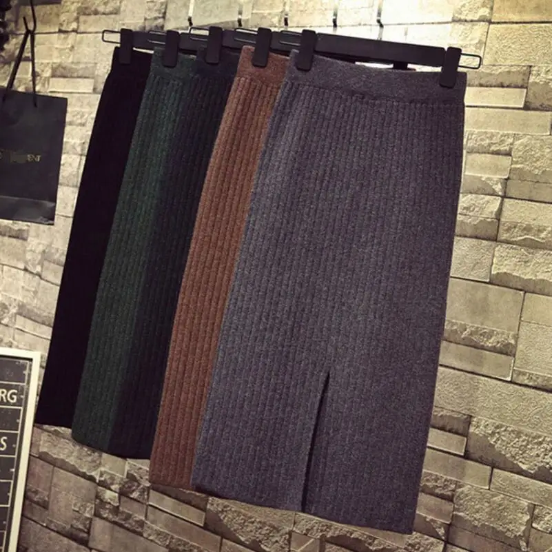 

2021 Spring Autumn Winter Women Skirt High Waist Pencil Skirt Fashion Female Knitted Casual Long Skirt Skirts Womens SK217