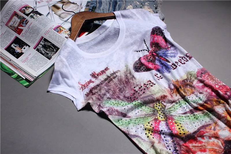 2021 Summer new silk fashion diamond printed dragonfly butterfly slim women short-sleeved T-shirt | Женская одежда