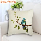 Наволочка из хлопка и льна с акварельными птицами, листьями, животными