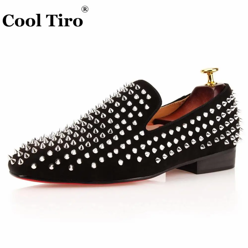Silver spikes COOL TIRO/синий шипы Мокасины Для мужчин Туфли без каблуков замши человек Мокасины Тапочки Формальные банкетный Пром Мужские туфли повседневная обувь кожа - Цвет: Silver spikes