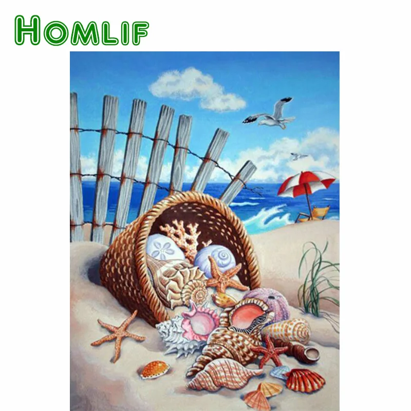 

Алмазная вышивка HOMLIF 5D «сделай сам», картина из страз для пляжа, мультяшное украшение для дома, мозаика из страз с ракушками, круглые наклейк...