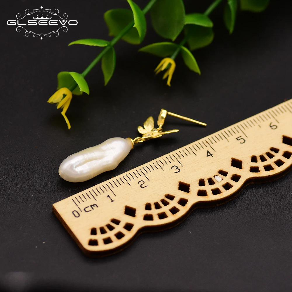 

GLSEEVO Natural Baroque Long Pearl Butterfly Drop Earrings For Women Dangle Earrings 925 Sterling Silver Fashion Jewelry GE0669