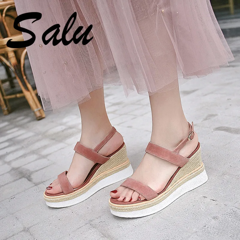 

Salu 2020 Fashion Women Sandals Suede Leather Platforms Prom Party Wedding Summer Shoes Woman Wedges Heels Rome Basic Sandals