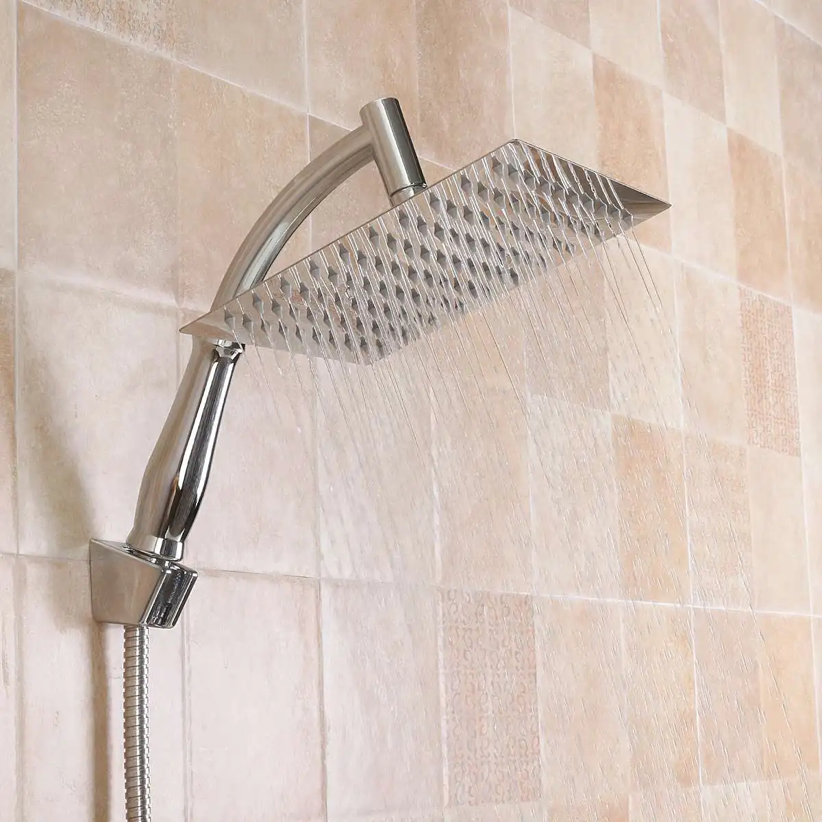 

8 Inch Square Ultra-thin Rainfall Shower Head With 1.5m Stainless Steel Hose Shower Holder Celling Mounted Shower Head Set