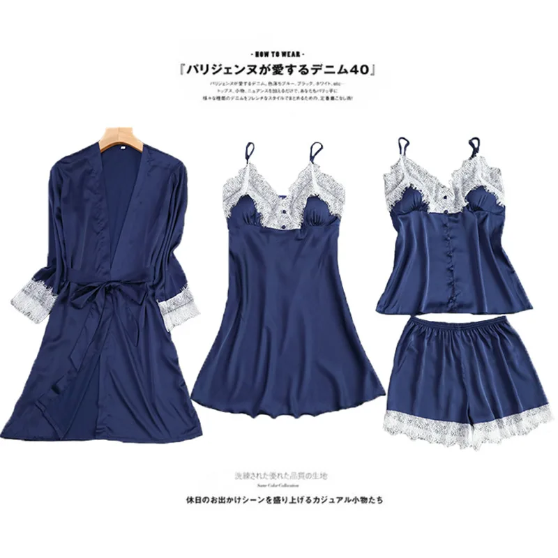 Женские пижамы атласная пижама из 4 предметов шелковая Домашняя одежда домашняя