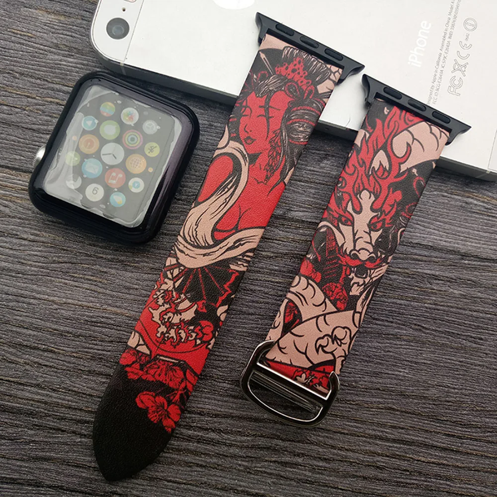 Кожаный ремешок с принтом в стиле хип-хоп для iwatch, ремешок серии 4, 3, 2, 1, Цветочный браслет на запястье для Apple Watch, 42 мм, 38 мм, 44 мм, 40 мм